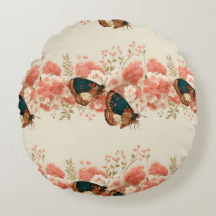 Vintage Spring Pink Flowers with Butterflies Round Cushion