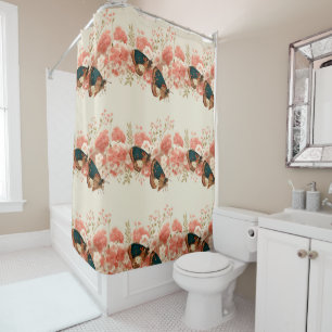 Vintage Spring Pink Flowers with Butterflies Shower Curtain