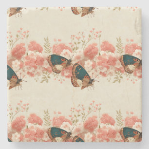 Vintage Spring Pink Flowers with Butterflies Stone Coaster