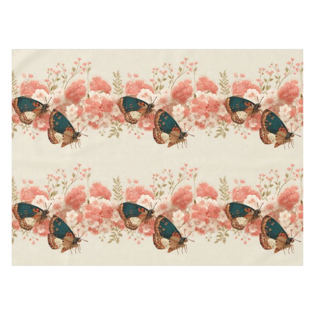Vintage Spring Pink Flowers with Butterflies Tablecloth (Front (Horizontal))