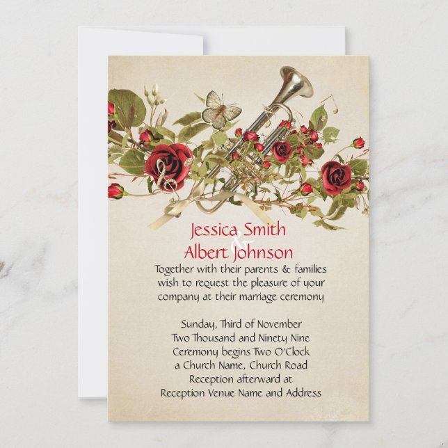 Vintage Spring Red Roses Music Wedding Invite (Front)