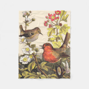 Vintage Spring Robin Songbirds Botanical Floral Fleece Blanket