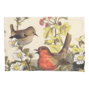 Vintage Spring Robin Songbirds Botanical Floral Pillowcase