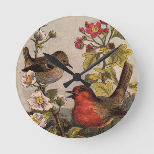 Vintage Spring Robin Songbirds Botanical Floral Round Clock