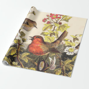 Vintage Spring Robin Songbirds Botanical Floral Wrapping Paper