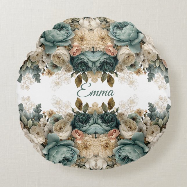 Vintage Spring Rose Garden Personalized Round Cushion (Front)