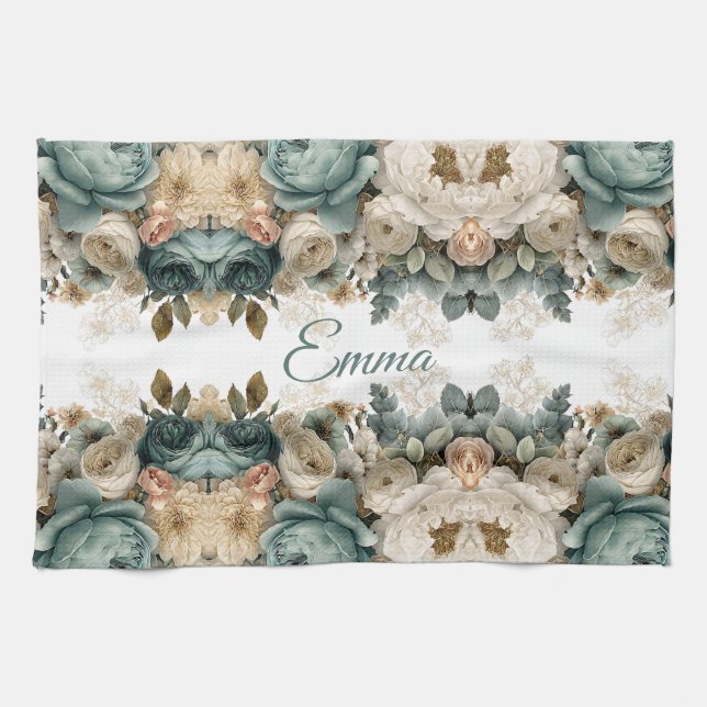 Vintage Spring Rose Garden Personalized Tea Towel (Horizontal)