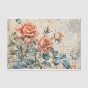 Vintage Spring Roses Postcard Decoupage Print Tissue Paper