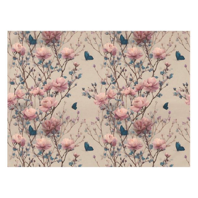 Vintage Spring Roses with Blue Butterflies Tablecloth (Front (Horizontal))