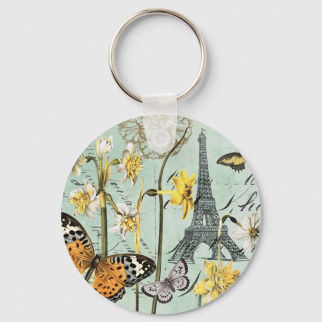 Vintage Springtime in Paris Eiffel Tower keychain (Front)