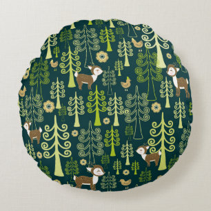 Vintage spruce trees, deer pattern. round cushion