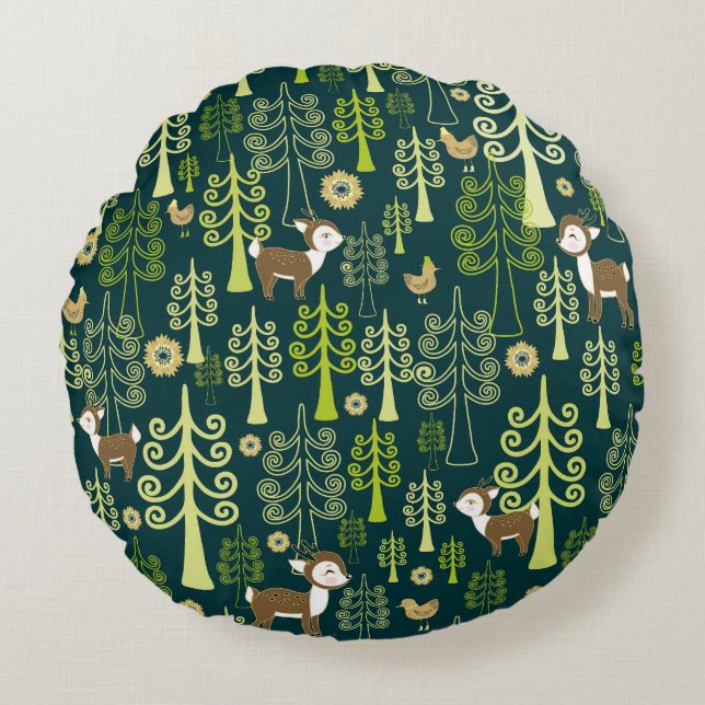 Vintage spruce trees, deer pattern. round cushion (Front)