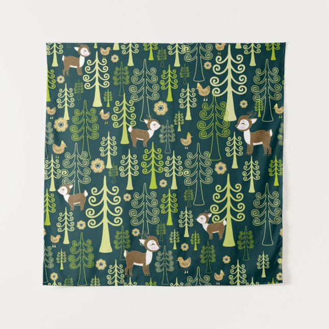 Vintage spruce trees, deer pattern. tapestry (Front)