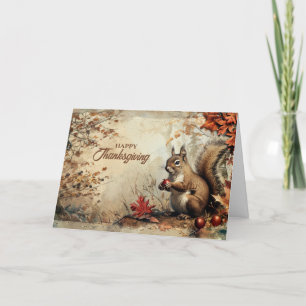 Vintage Squirrel and Acorns in Autumn Thanksgiving Holiday Card