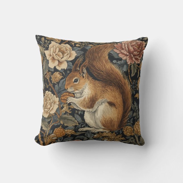 Vintage Squirrel and Flowers Pattern Cushion (Front)