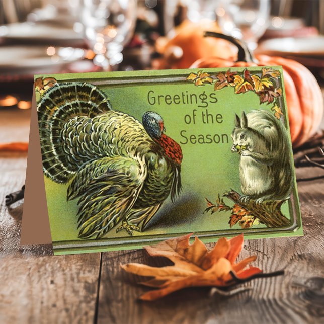 Vintage Squirrel And Turkey Thanksgiving Holiday Card (Creator Uploaded)
