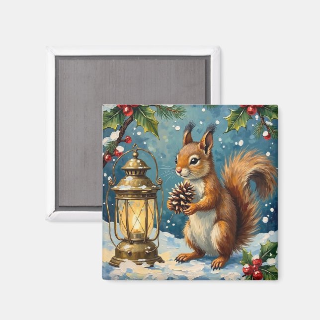 Vintage Squirrel with Christmas Lantern Winter Magnet (Front/Back)