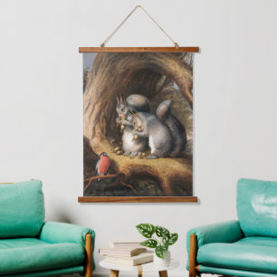 Vintage Squirrels and Bird Woodland Forest Art Hanging Tapestry
