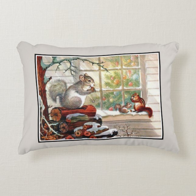 Vintage Squirrels and Chipmunk Christmas Pillow (Front)