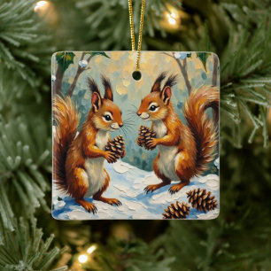 Vintage Squirrels Gathering Pinecones Christmas Ceramic Ornament
