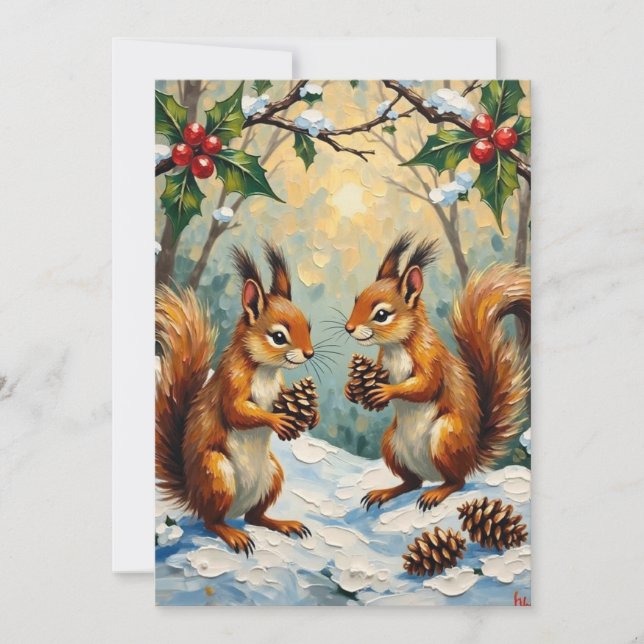 Vintage Squirrels Gathering Pinecones Christmas Holiday Card (Front)