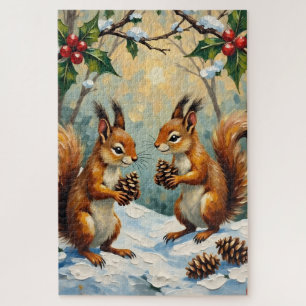 Vintage Squirrels Gathering Pinecones Christmas Jigsaw Puzzle