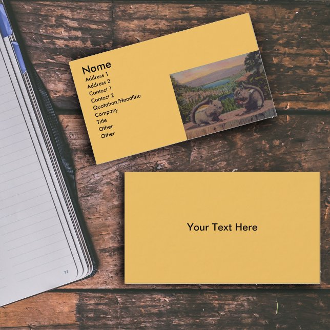 Vintage Squirrels Mountain Scene Business Card (Cute chipmunks sitting on tree stump in forest with lake on golden yellow business cards.)