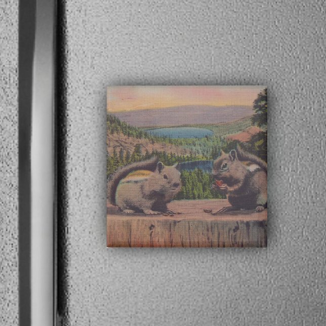 Vintage Squirrels Mountain Scene Magnet (Two cute chipmunks in forest on tree stump on magnet.)