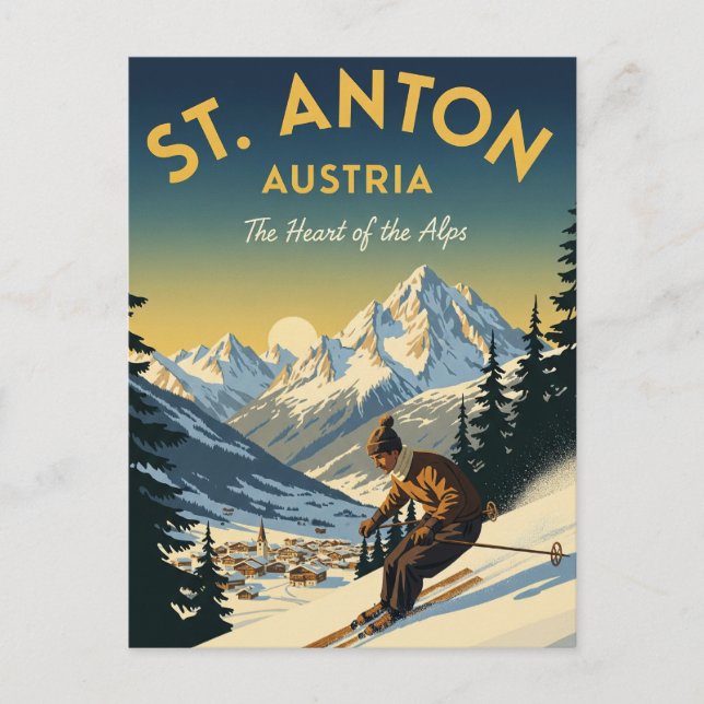 Vintage St. Anton Austria Skier Skiing Postcard (Front)