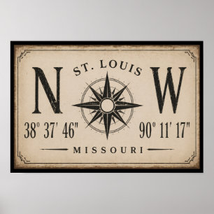 Vintage St. Louis Missouri Coordinates Compass Art Poster