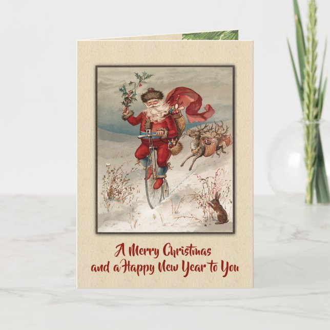 Vintage St. Nick on a Velocipede Holiday Card (Front)