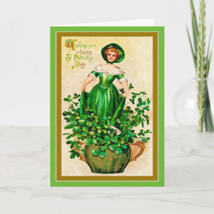 Vintage St Patrick's Day Girl Green Dress Clovers  Card