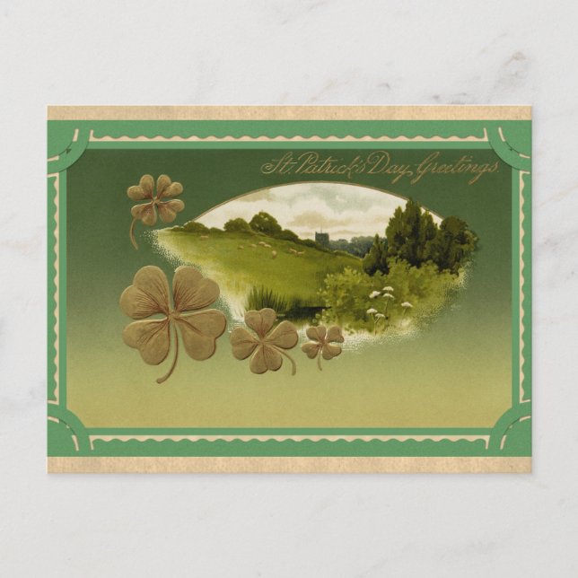 Vintage St Patricks Day Greetings Irish Shamrock Postcard (Front)