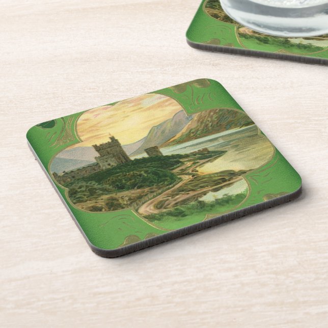 Vintage St. Patricks Day Greetings Shamrock Castle Coaster (Left Side)