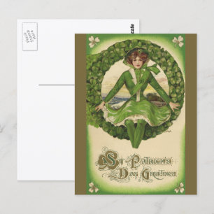 Vintage St. Patrick's Day, Irish Lass in a Wreath Postcard