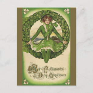 Vintage St. Patrick's Day, Irish Lass in a Wreath Postcard