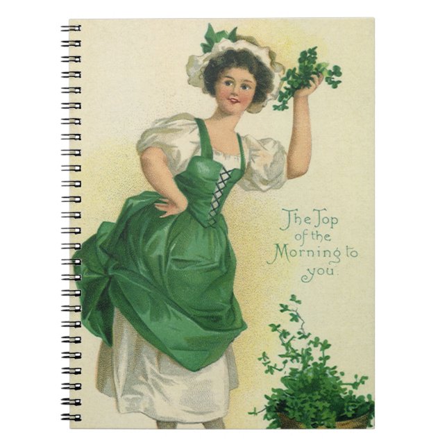 Vintage St. Patrick's Day Irish Lass with Clovers Notebook (Front)