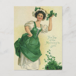 Vintage St. Patrick's Day Irish Lass with Clovers Postcard