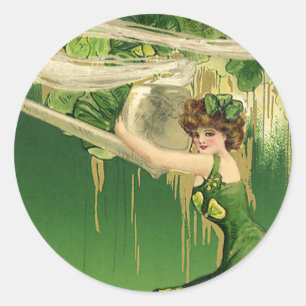 Vintage St. Patrick's Day, Lady Pipe Smoke Swirls Classic Round Sticker