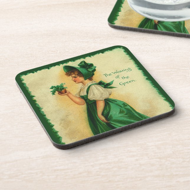 Vintage St. Patrick's Day Lass Wearing Green Coaster (Left Side)