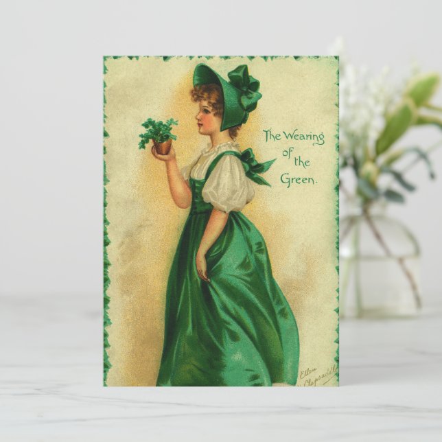 Vintage St. Patrick's Day Lass Wearing Green Invitation (Standing Front)