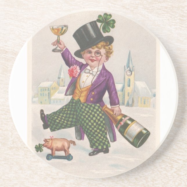 Vintage St Patricks Day Shamrock Champagne Coaster (Front)