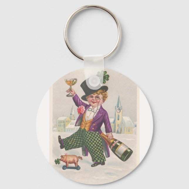 Vintage St Patricks Day Shamrock Champagne Key Ring (Front)