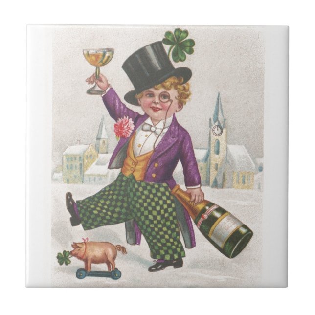 Vintage St Patricks Day Shamrock Champagne Tile (Front)