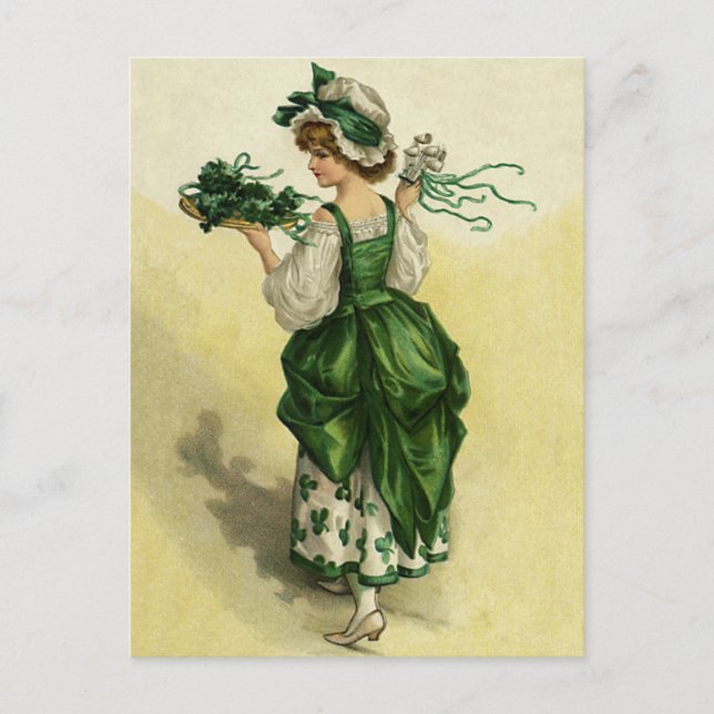Vintage St. Patrick's Day, Woman Green Shamrocks Postcard (Front)