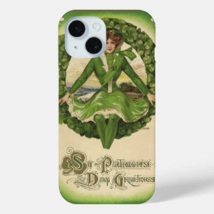 Vintage St. Patrick's Day, Wreath with Irish Lass iPhone 15 Case