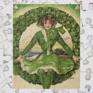 Vintage St. Patrick's Day, Wreath with Irish Lass Jigsaw Puzzle