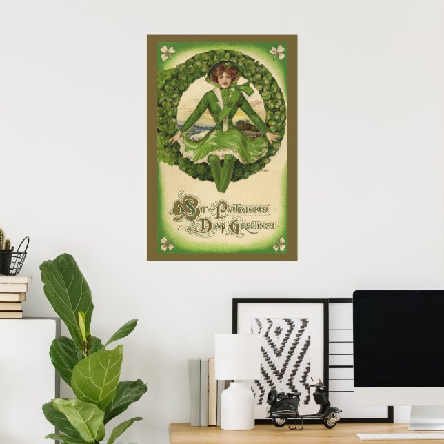 Vintage St. Patrick's Day, Wreath with Irish Lass Poster (Home Office)