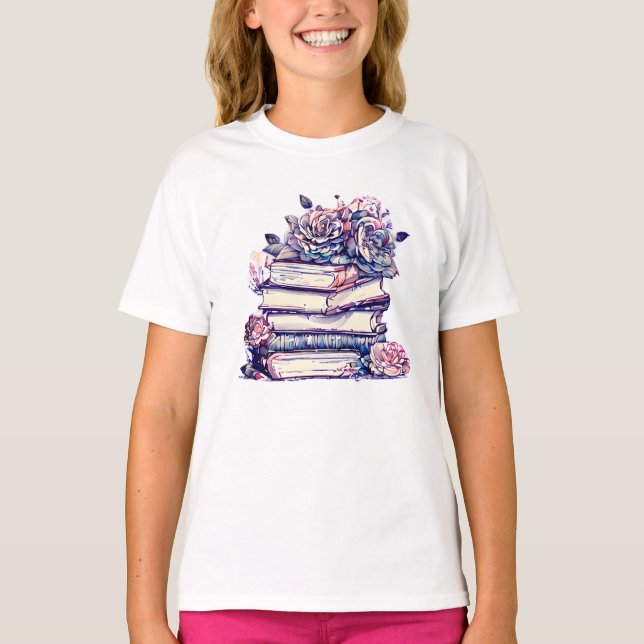 Vintage Stack of Books and Roses T-Shirt (Front)