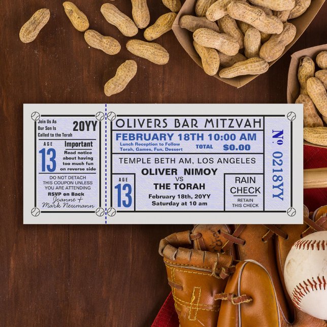 Vintage Stadium Ticket Baseball Bar Mitzvah Blue Invitation (Creator Uploaded)